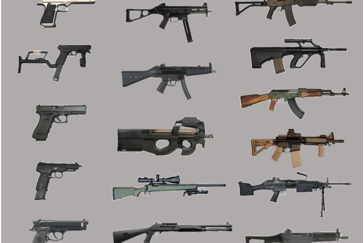 A collection of different firearms arranged in a grid, including handguns and rifles on a gray background.