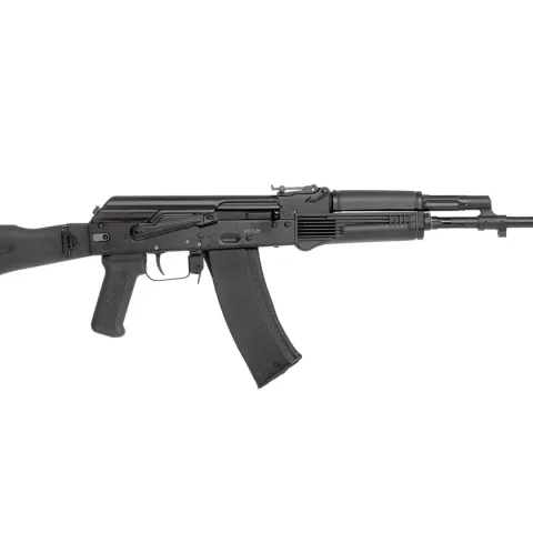 Side view of a black AK-74M rifle on a white background.