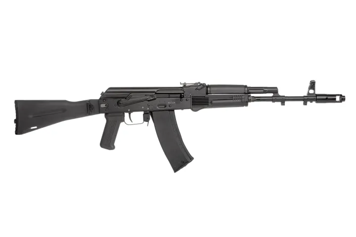 Side view of a black AK-74M rifle on a white background.