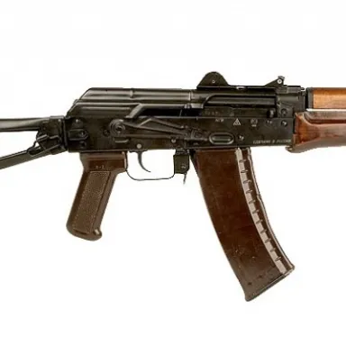 AK-47 rifle with wooden grips, angled stock, and curved magazine.