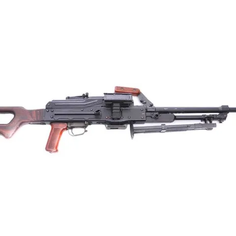 A black and brown assault rifle with a bipod on a white background.