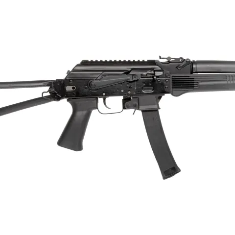 Black semi-automatic rifle with a folding stock on a white background.