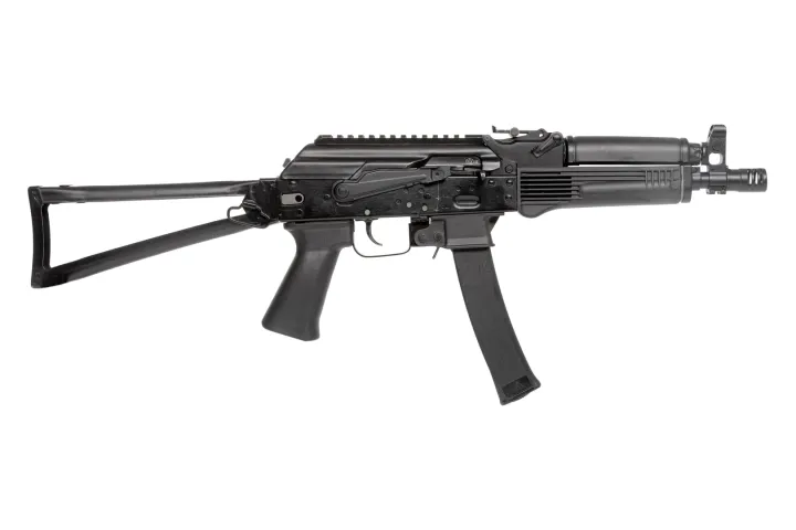 Black semi-automatic rifle with a folding stock on a white background.
