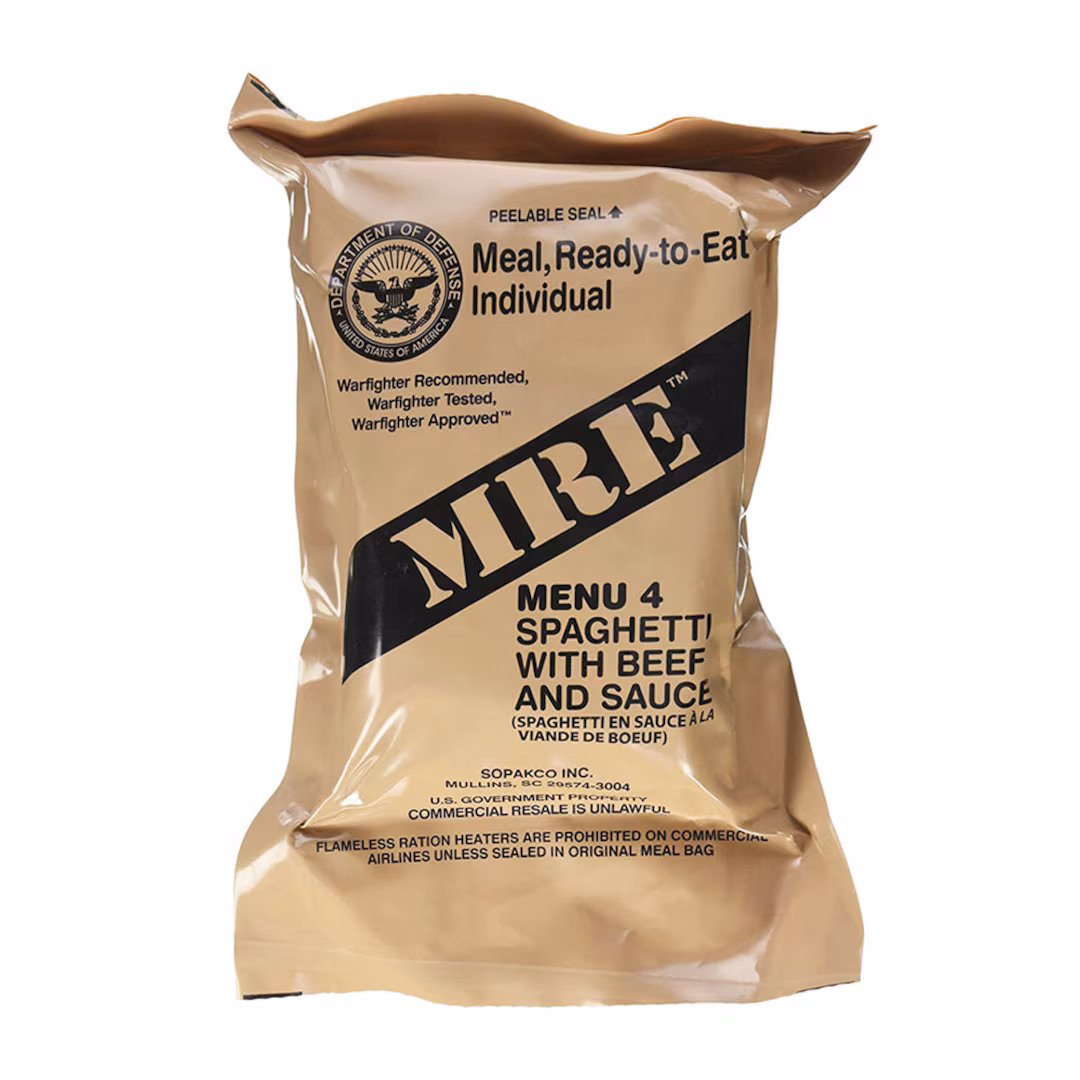 Brown MRE package labeled Menu 4 Spaghetti with Beef and Sauce.